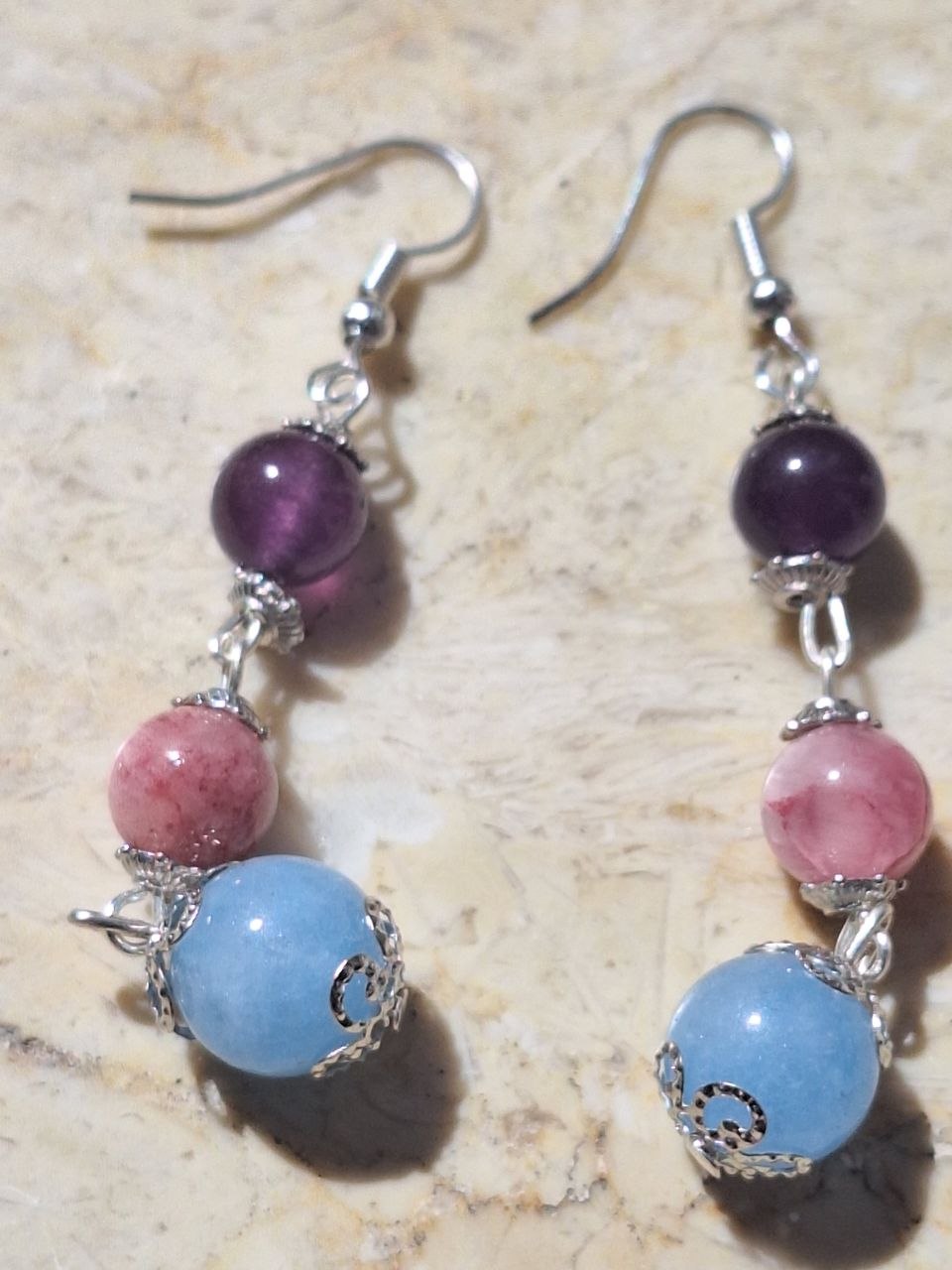 Handmade Blue Topaz, Amethyst & Persian Stone Earrings – Harmony Trio