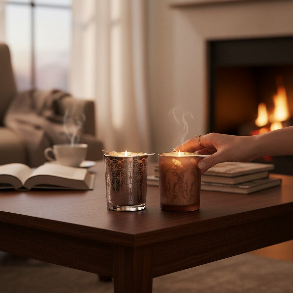 Luxus-Glaskerze „Winterlicht“ – Bordeaux & Schneeflocke – 12,5 cm | Advent & Weihnachtsdeko | 60h Brenndauer