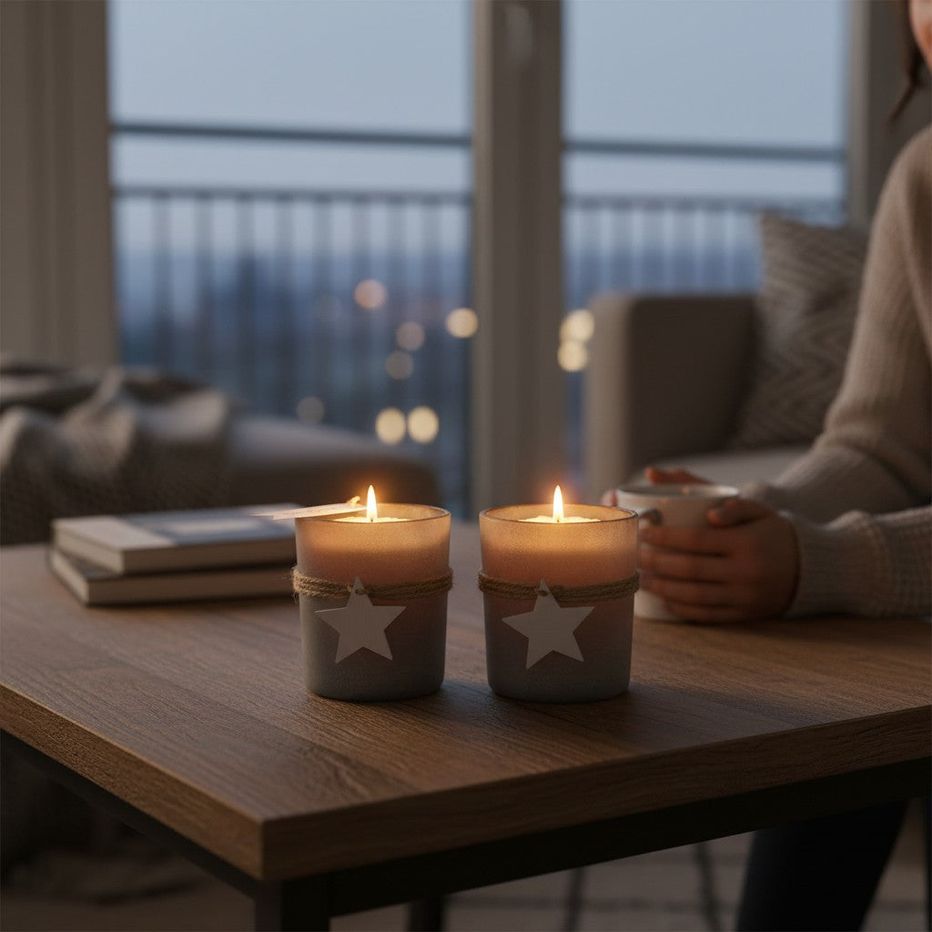 Luxus-Glaskerze „Wintermagie“ – Violett & Schneeflocke – 10 cm | Advent & Weihnachtsdeko | 300 g Naturwachs