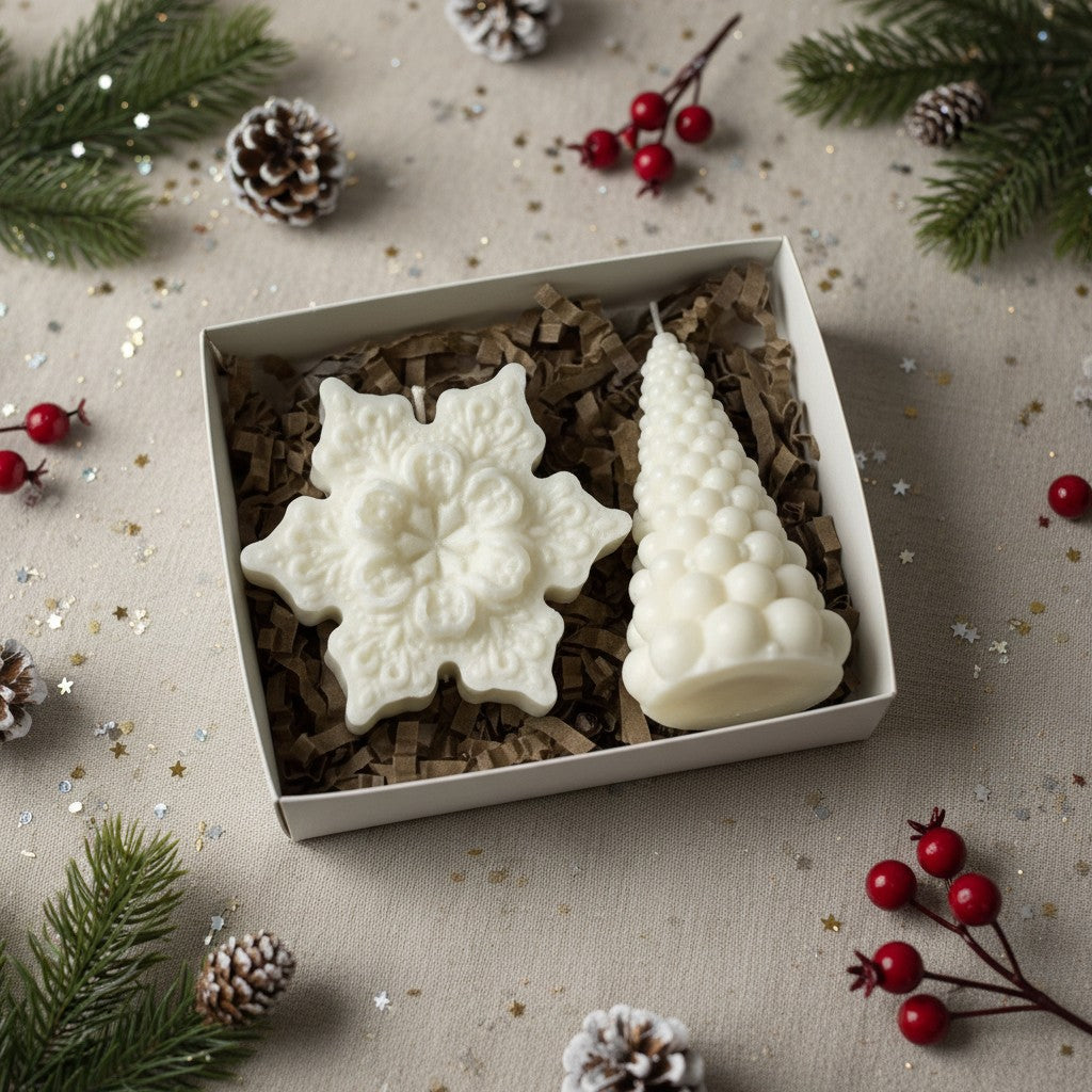 Geschenkset „Winterduett“ – Schneeflocke & Weihnachtsbaum aus Sojawachs | Handgemacht
