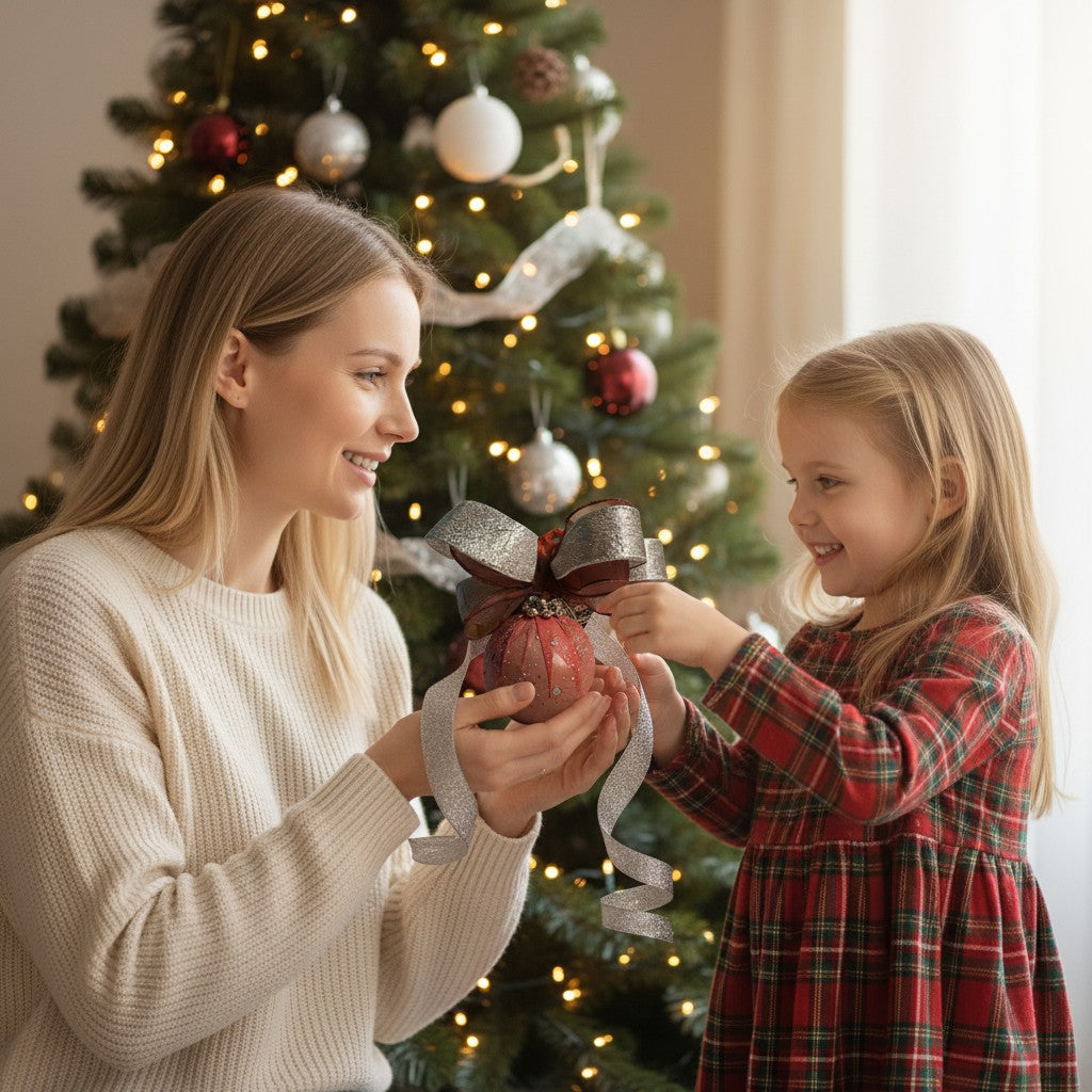 Set „Festliche Eleganz“ – 4 handgefertigte Weihnachtskugeln mit dekorativer Schleife | 9 cm | Premium Christbaumschmuck