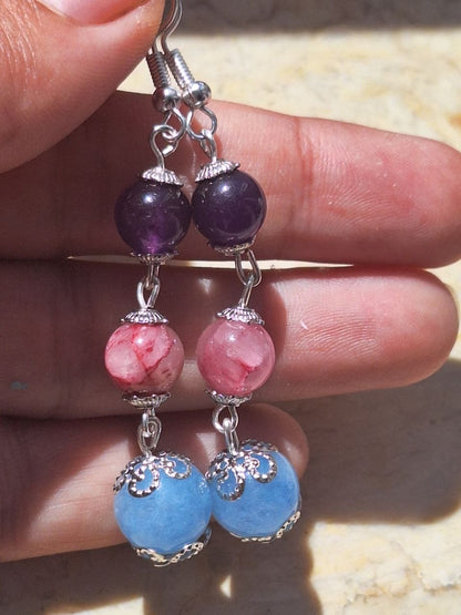 Handmade Blue Topaz, Amethyst & Persian Stone Earrings – Harmony Trio