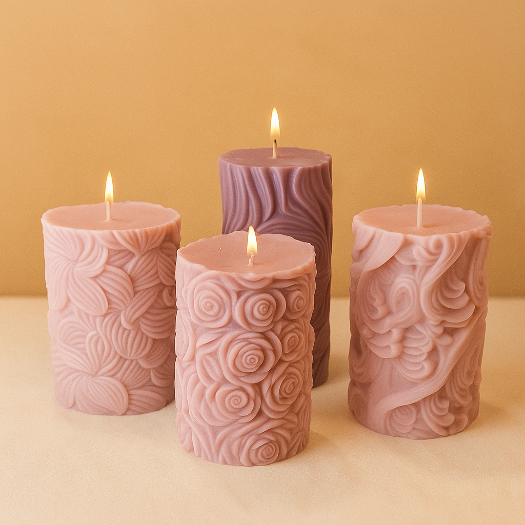 Handgefertigte Kerze „Rosengarten“ – Beige & Bordeaux – 8 cm | Elegante Advent- & Weihnachtsdeko