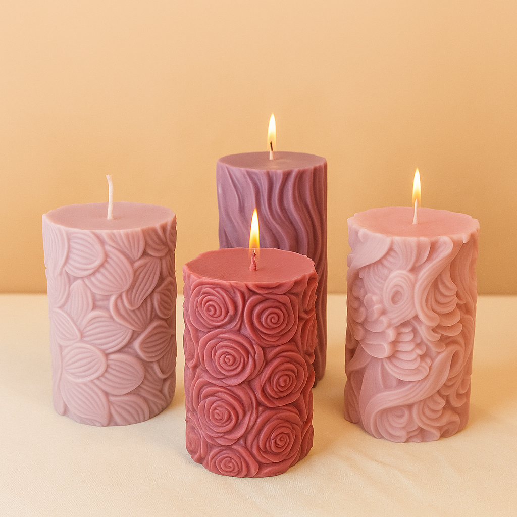 Handgefertigte Kerze „Rosengarten“ – Beige & Bordeaux – 8 cm | Elegante Advent- & Weihnachtsdeko