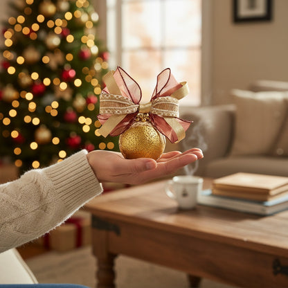 "Golden Nature Dreams" Set – 4 handmade Christmas baubles with lace &amp; jute ribbon | Gold | 9 cm