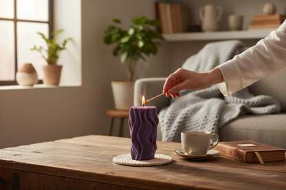 Handgefertigte Kerze „Winterwellen“ – Lila – 14 cm | Elegante Advent- & Weihnachtskerze