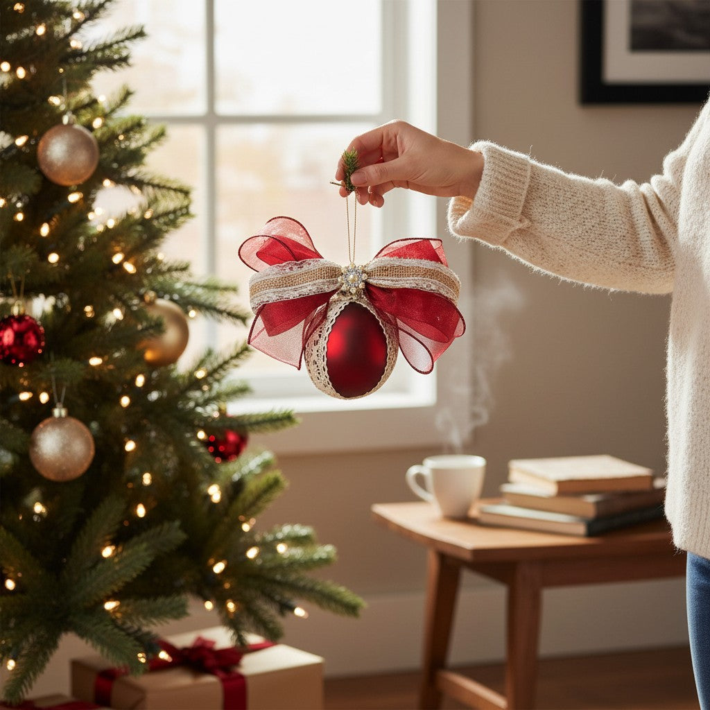 Набор «Деревенское Рождество» – 4 рождественских шара ручной работы с кружевом и натуральной лентой | Красный | 9 см