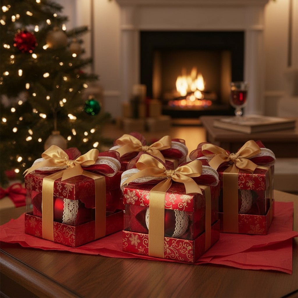 Набор «Деревенское Рождество» – 4 рождественских шара ручной работы с кружевом и натуральной лентой | Красный | 9 см