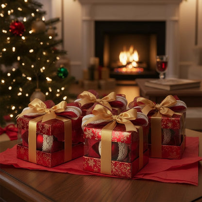 Набор «Деревенское Рождество» – 4 рождественских шара ручной работы с кружевом и натуральной лентой | Красный | 9 см