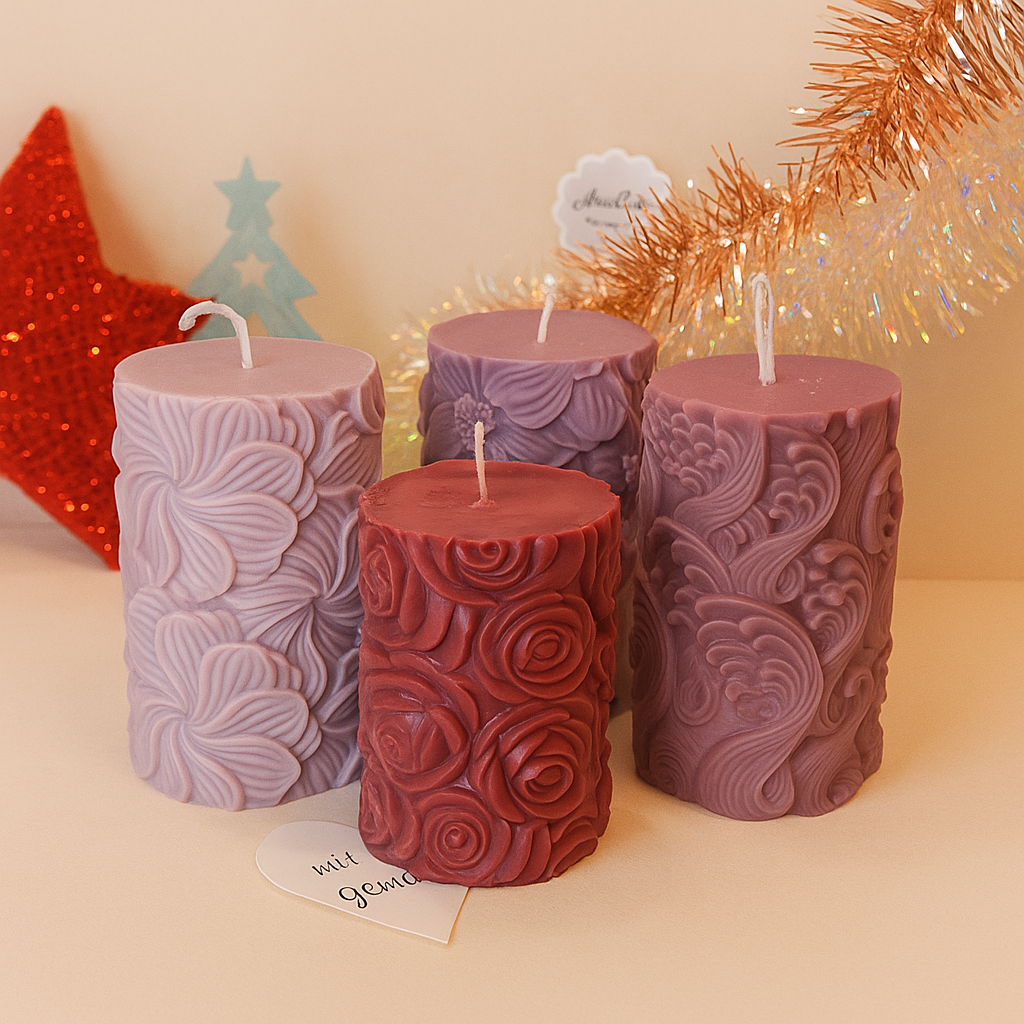 Advent set “Winter Mix” – 4 hand-poured soy wax candles – Purple or Beige – 10 cm | Value pack for Christmas