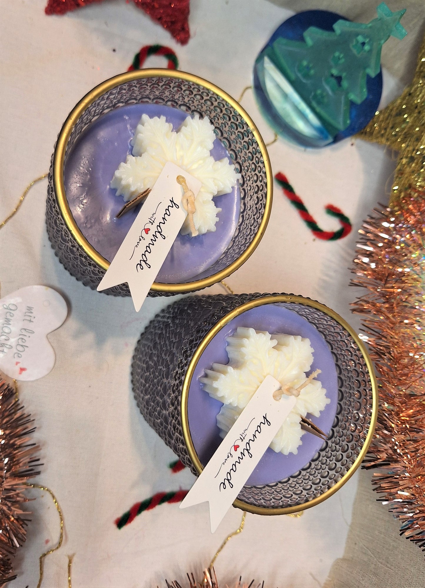 Luxury glass candle "Winter Splendor" – Violet &amp; Snowflake – 12 cm | 2 wicks | 600 g natural wax | Advent &amp; Christmas