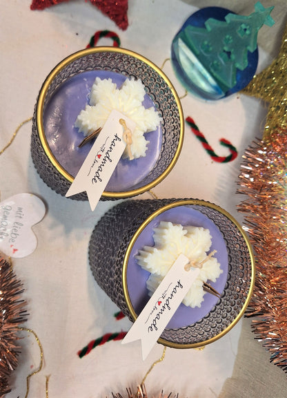 Luxury glass candle "Winter Splendor" – Violet &amp; Snowflake – 12 cm | 2 wicks | 600 g natural wax | Advent &amp; Christmas