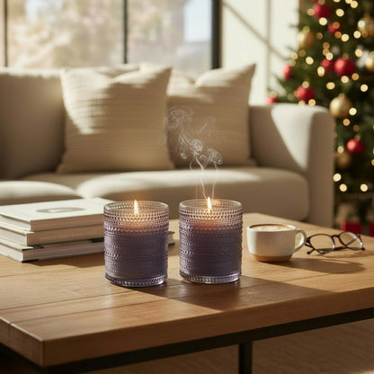 Luxury glass candle "Winter Splendor" – Violet &amp; Snowflake – 12 cm | 2 wicks | 600 g natural wax | Advent &amp; Christmas