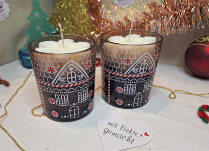 Kerzenset „Winterhäuschen Duo“ – 2× Glas-Kerzen mit Schneeflocke | Violett & Weiß | 170 g Wachs | Weihnachtsdeko