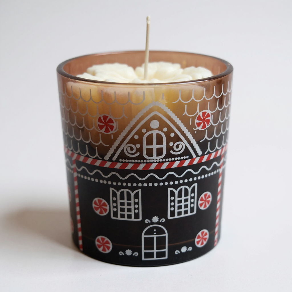 Kerzenset „Winterhäuschen Duo“ – 2× Glas-Kerzen mit Schneeflocke | Violett & Weiß | 170 g Wachs | Weihnachtsdeko