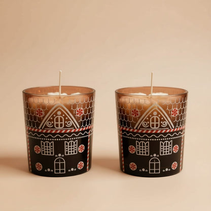 Kerzenset „Winterhäuschen Duo“ – 2× Glas-Kerzen mit Schneeflocke | Violett & Weiß | 170 g Wachs | Weihnachtsdeko