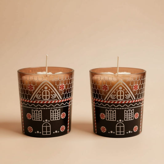 Kerzenset „Winterhäuschen Duo“ – 2× Glas-Kerzen mit Schneeflocke | Violett & Weiß | 170 g Wachs | Weihnachtsdeko