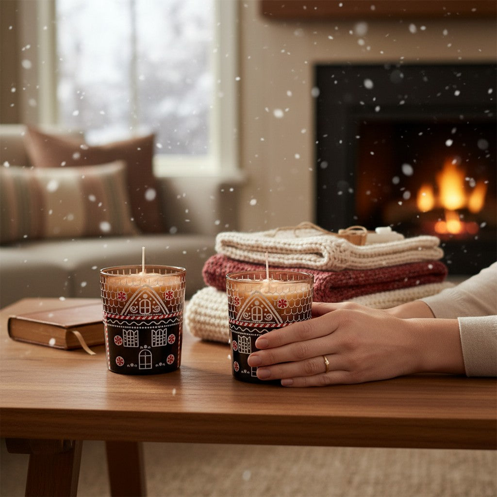 Kerzenset „Winterhäuschen Duo“ – 2× Glas-Kerzen mit Schneeflocke | Violett & Weiß | 170 g Wachs | Weihnachtsdeko