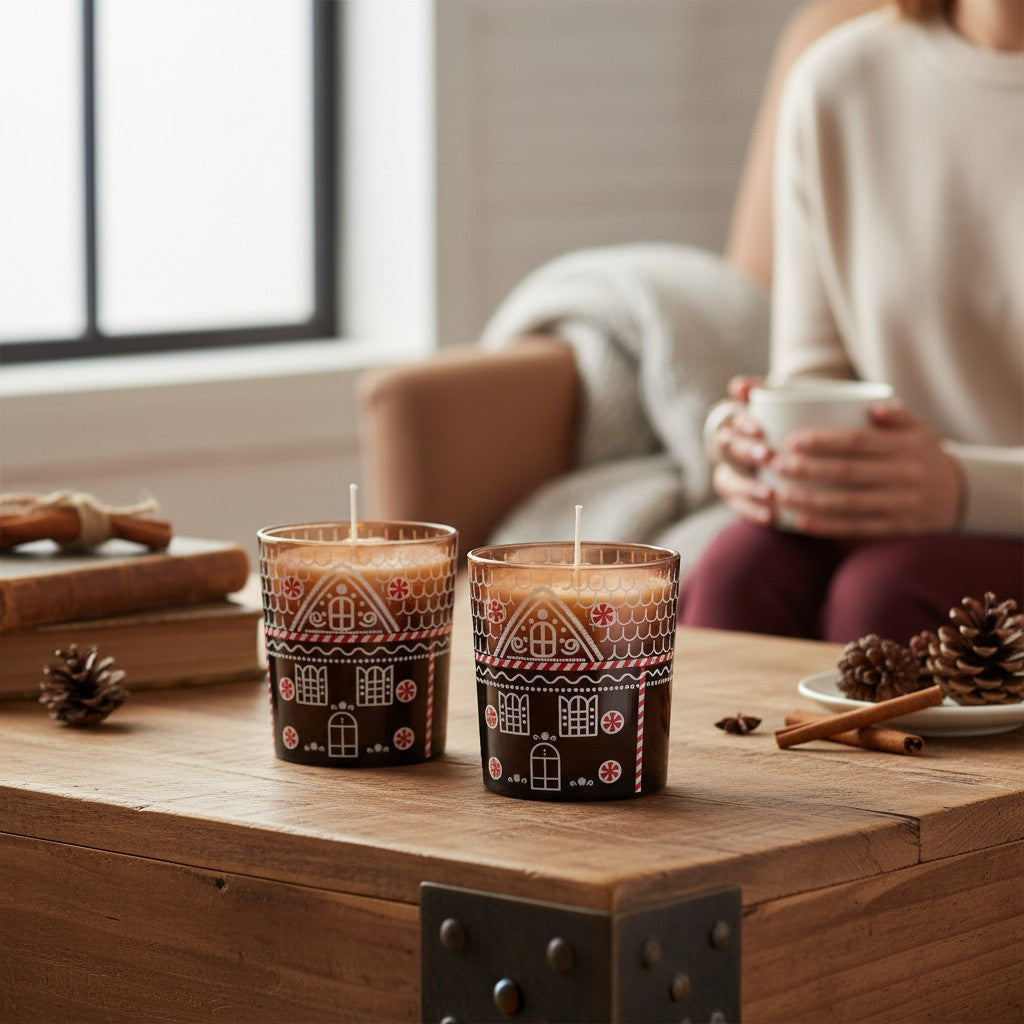 Kerzenset „Winterhäuschen Duo“ – 2× Glas-Kerzen mit Schneeflocke | Violett & Weiß | 170 g Wachs | Weihnachtsdeko