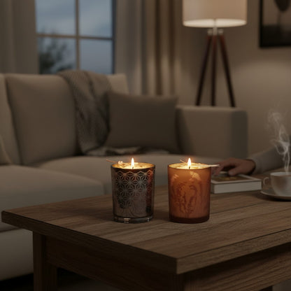 Luxus-Glaskerze „Winterlicht“ – Bordeaux & Schneeflocke – 12,5 cm | Advent & Weihnachtsdeko | 60h Brenndauer