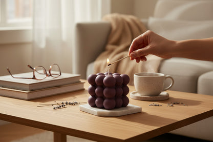 Bubble Cube – Stilvolle Würfelkerze aus Sojawachs | Lila | 7×7 cm | Handgegossen