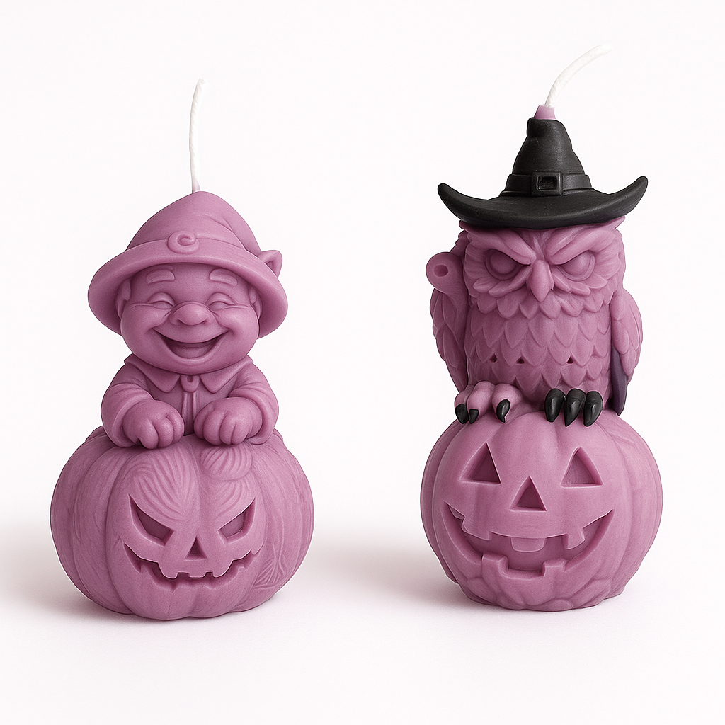 Sojakerzen-Set: Gnom & Eule auf Kürbis