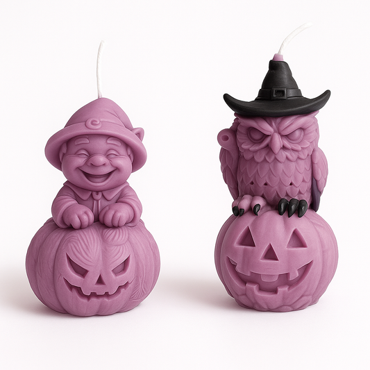 Sojakerzen-Set: Gnom & Eule auf Kürbis