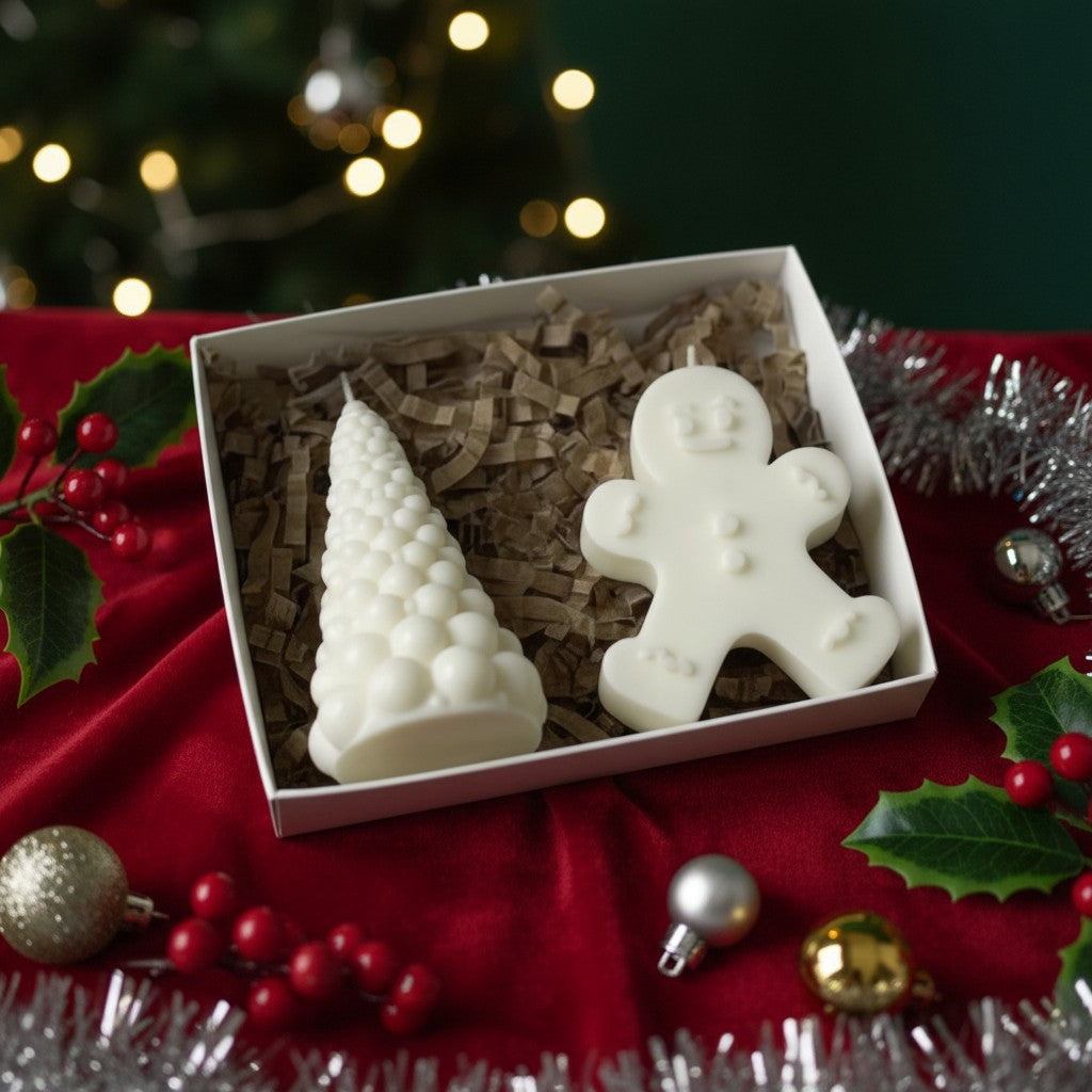 Geschenkset „Winterfreude“ – Figurenkerze & Tannenbaum aus Sojawachs | Handgemacht