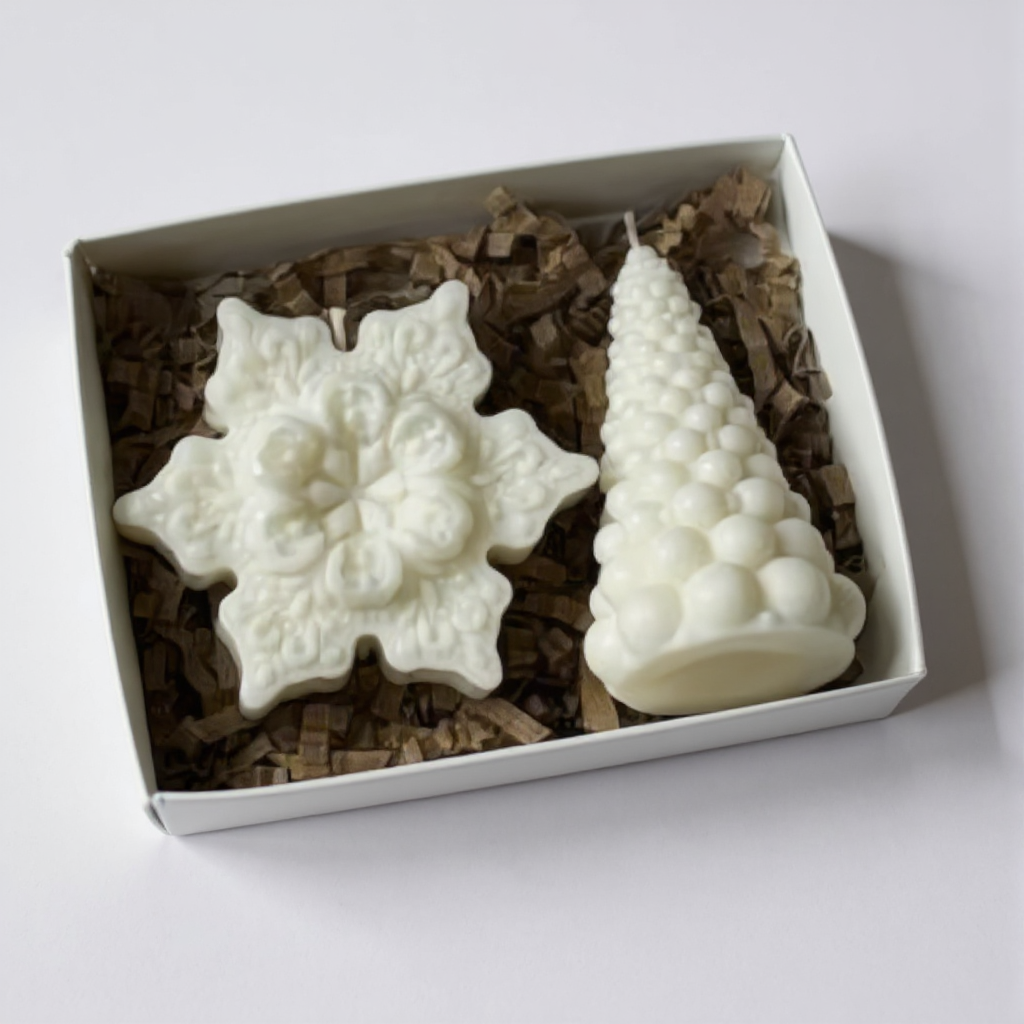 Geschenkset „Winterduett“ – Schneeflocke & Weihnachtsbaum aus Sojawachs | Handgemacht