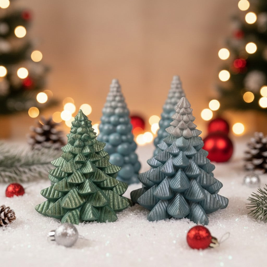 Миниатюрные ели из смолы – жемчужно-зеленые/голубые, две модели, 8–10 см.