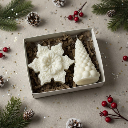 Geschenkset „Winterduett“ – Schneeflocke & Weihnachtsbaum aus Sojawachs | Handgemacht