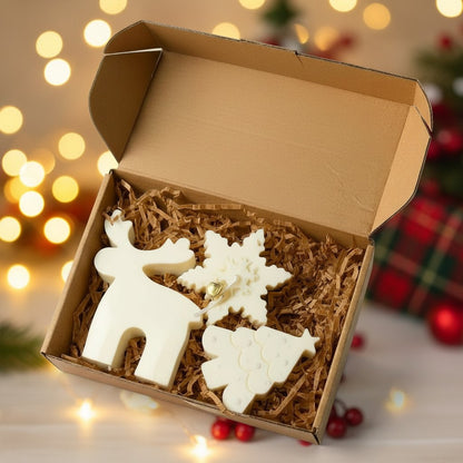 Geschenkset „Winter Trio“ – Rentier, Schneeflocke & Tannenbaum aus Sojawachs | Handgemacht